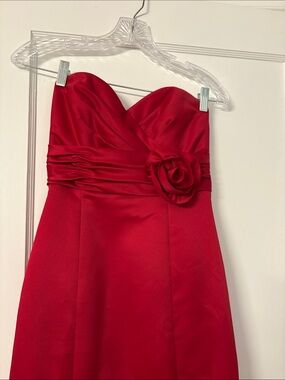 Saison Blanche Strapless Red Satin Dress with Rosette Detail